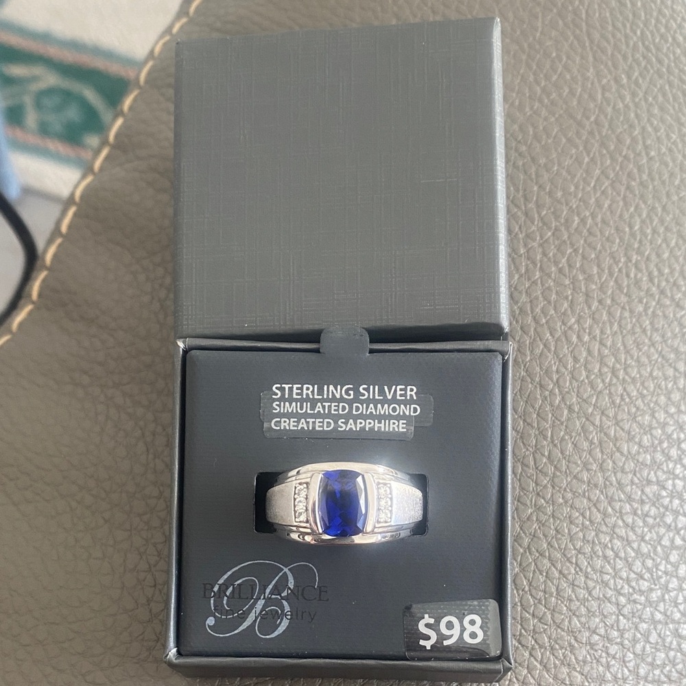 Sterling Silver Simulated Diamond Ring Blue Sapphire sz 10.5 New Men’s